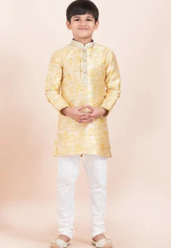 Woven Art Silk Jacquard Kurta Set in Yellow