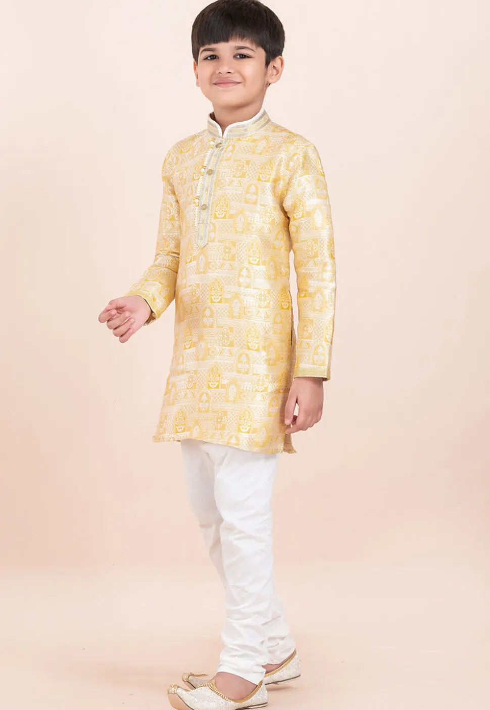 Woven Art Silk Jacquard Kurta Set in Yellow