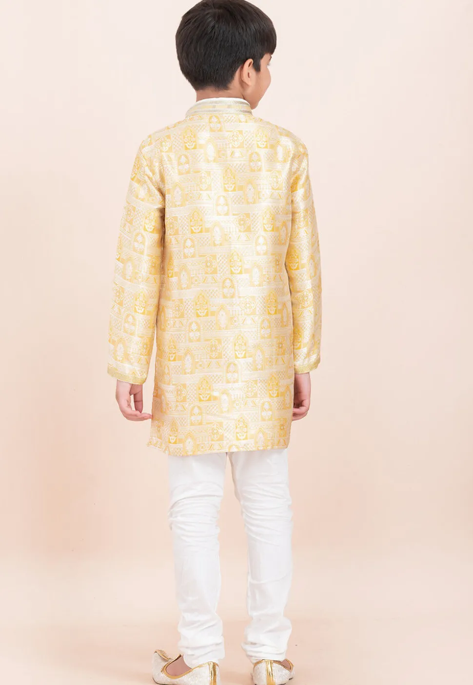 Woven Art Silk Jacquard Kurta Set in Yellow