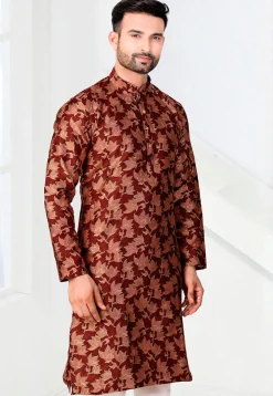 Woven Art Silk Jacquard Kurta in Maroon