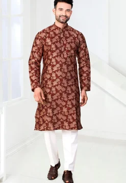 Woven Art Silk Jacquard Kurta in Maroon