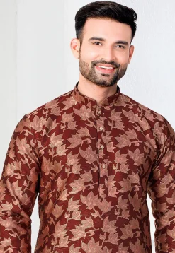 Woven Art Silk Jacquard Kurta in Maroon