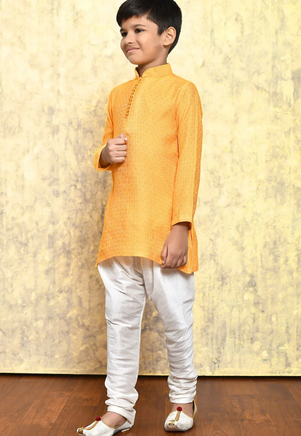 Woven Art Silk Jacquard Kurta Set in Mustard