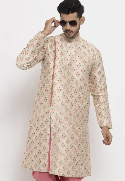 Woven Art Silk Jacquard Kurta in Beige