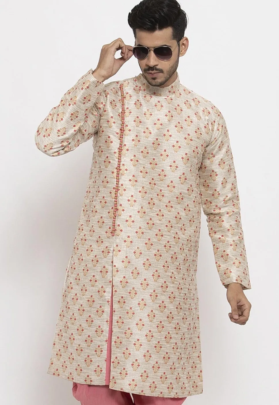 Woven Art Silk Jacquard Kurta in Beige