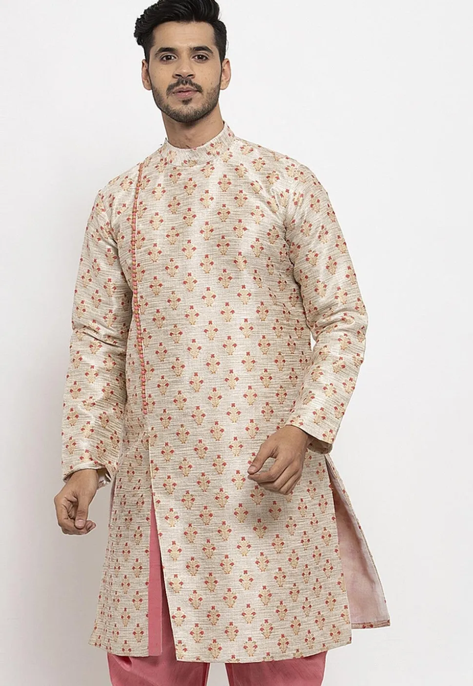 Woven Art Silk Jacquard Kurta in Beige