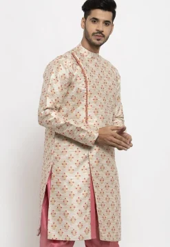 Woven Art Silk Jacquard Kurta in Beige