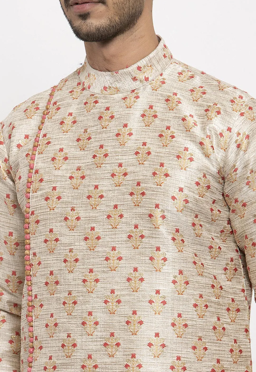 Woven Art Silk Jacquard Kurta in Beige