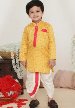 Woven Art Silk Jacquard Kurta Set in Yellow