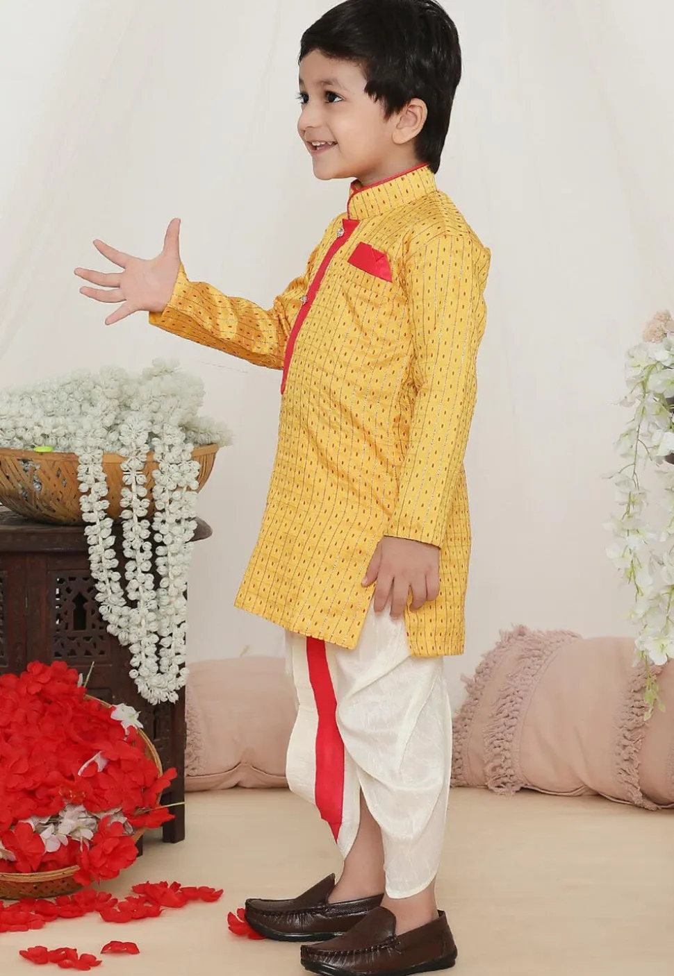 Woven Art Silk Jacquard Kurta Set in Yellow