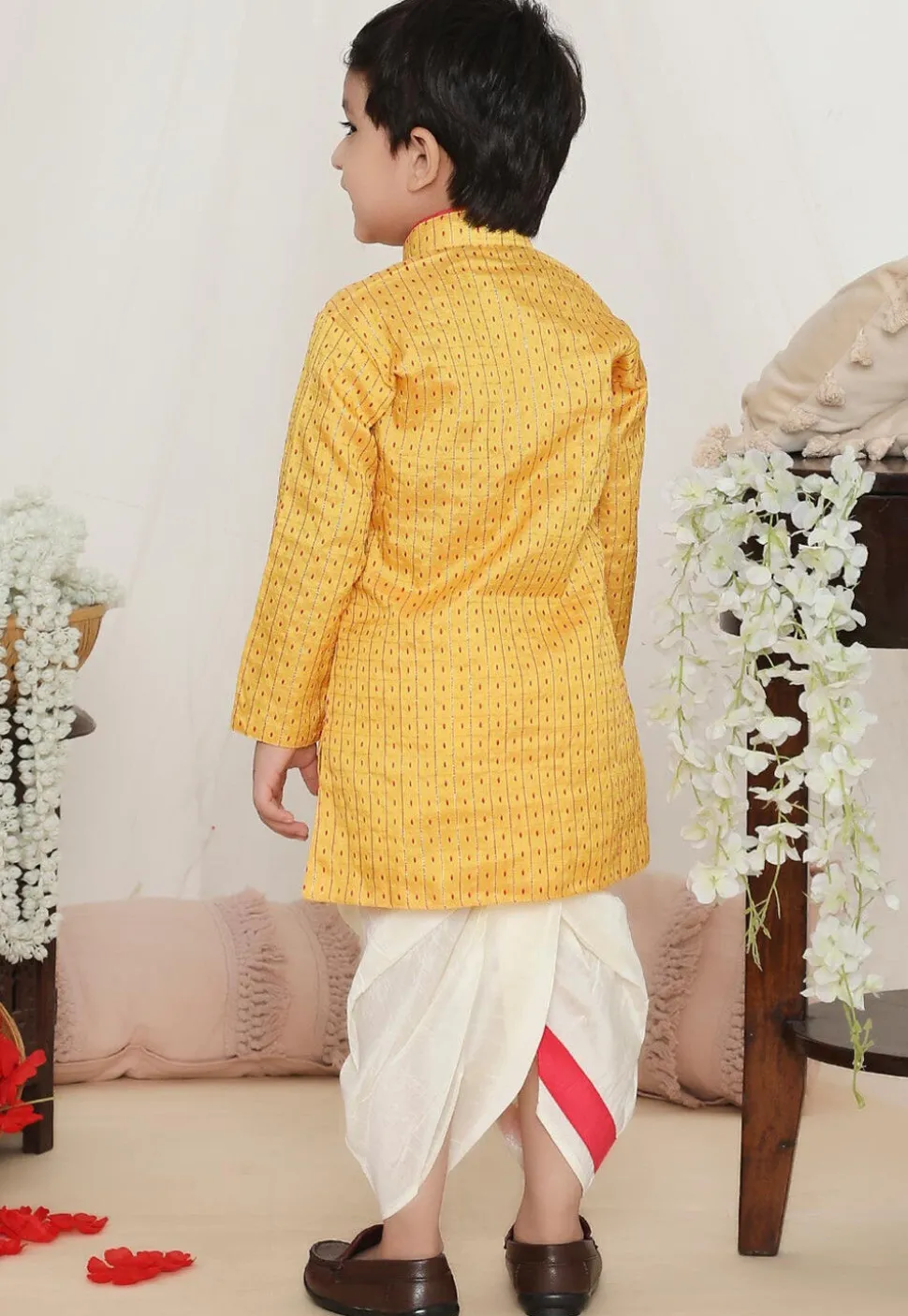 Woven Art Silk Jacquard Kurta Set in Yellow