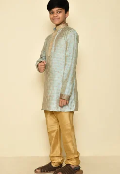 Woven Art Silk Jacquard Kurta Set in Grey