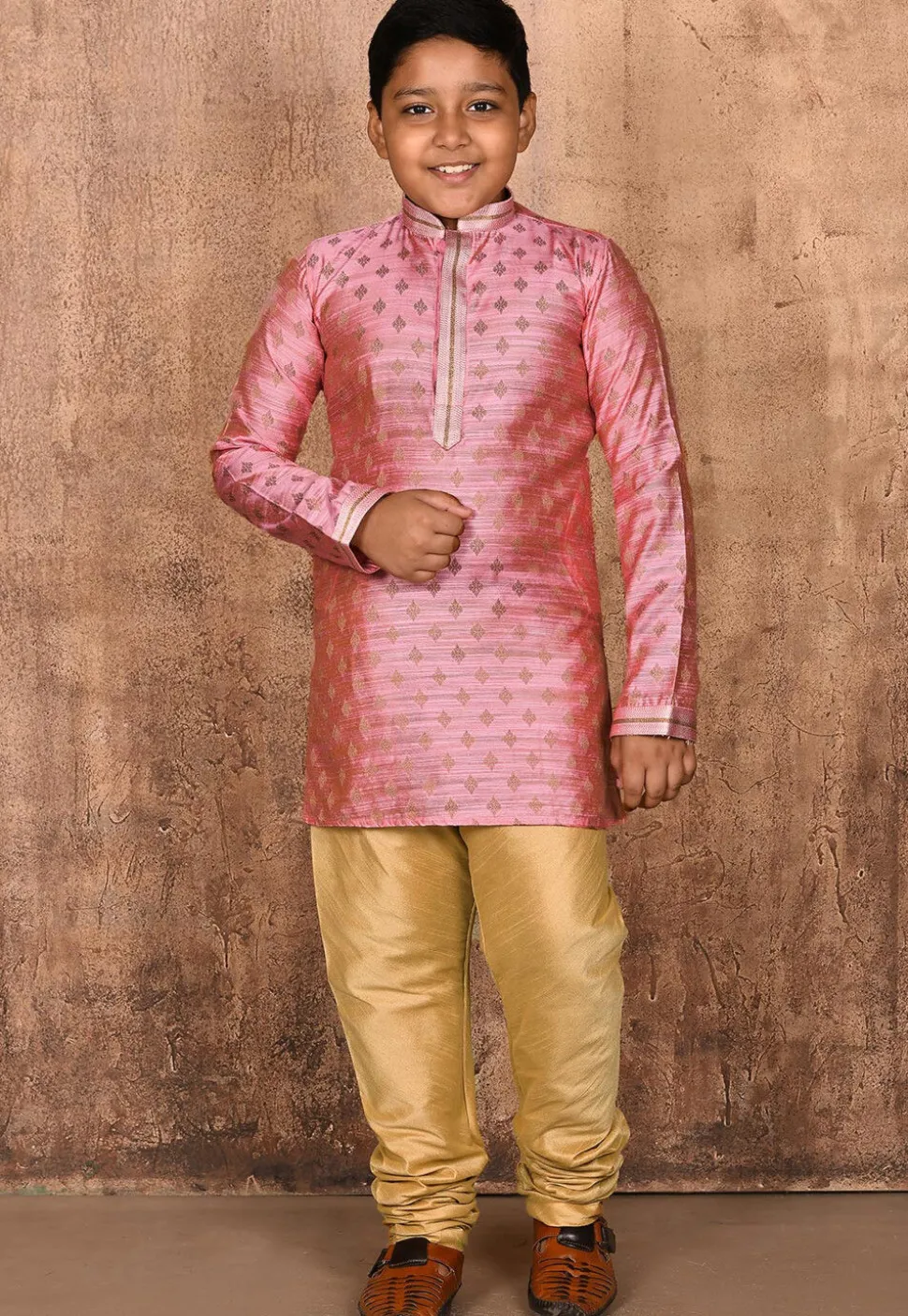 Woven Art Silk Jacquard Kurta Set in Pink