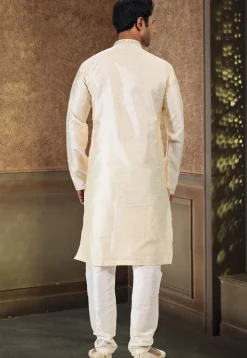 Woven Art Silk Jacquard Kurta Set in Cream