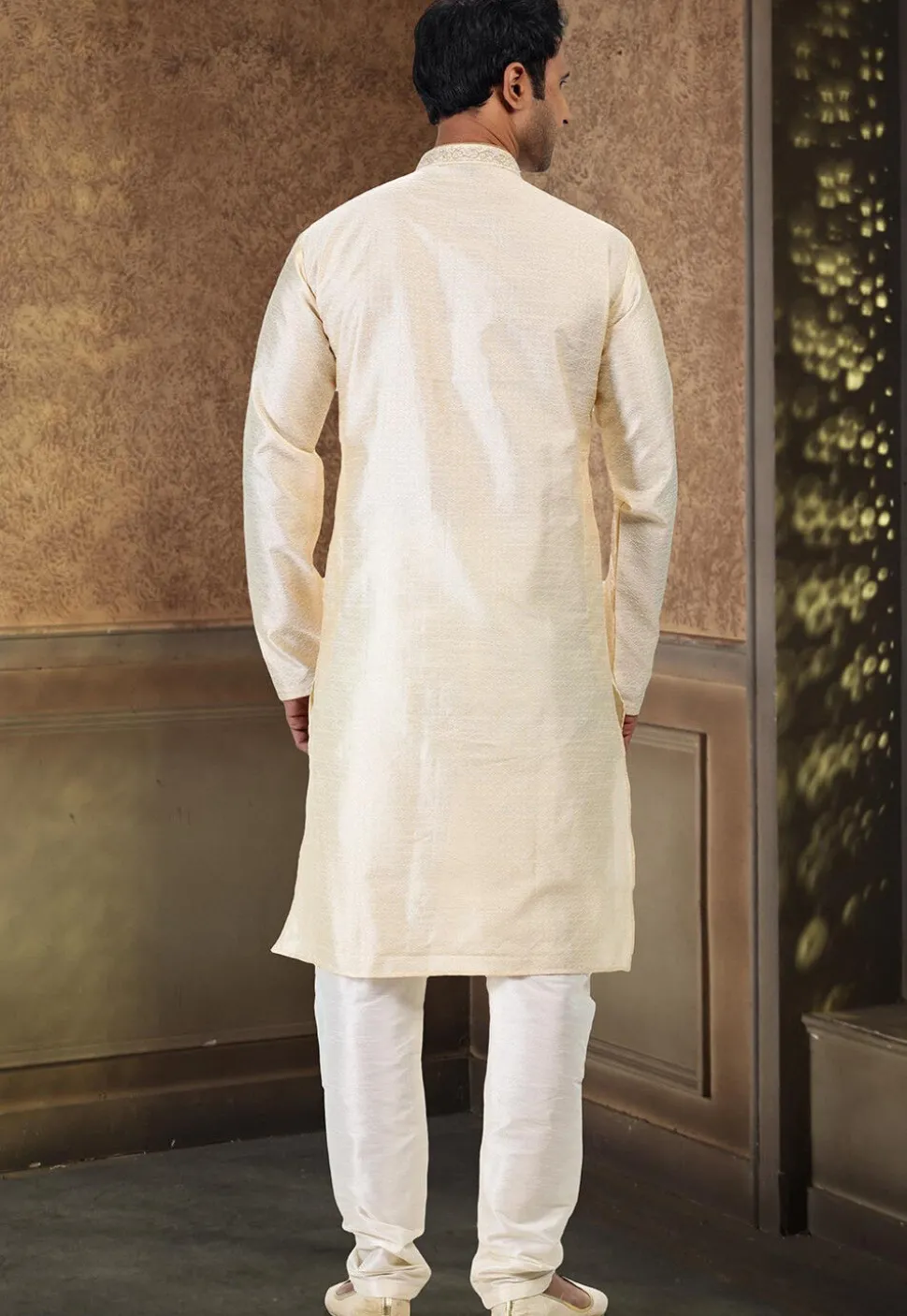 Woven Art Silk Jacquard Kurta Set in Cream