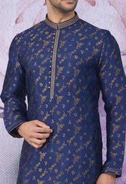 Woven Art Silk Jacquard Kurta Set in Navy Blue