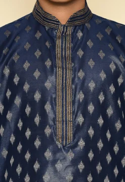 Woven Art Silk Jacquard Kurta Set in Navy Blue