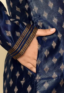 Woven Art Silk Jacquard Kurta Set in Navy Blue