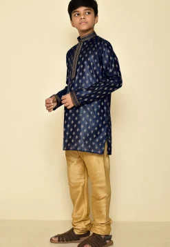 Woven Art Silk Jacquard Kurta Set in Navy Blue