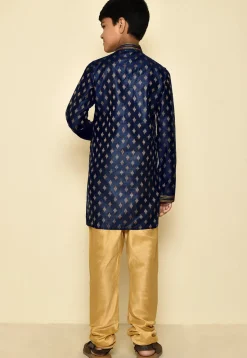 Woven Art Silk Jacquard Kurta Set in Navy Blue