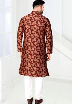 Woven Art Silk Jacquard Kurta Set in Maroon