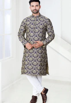 Woven Art Silk Jacquard Kurta Set in Navy Blue