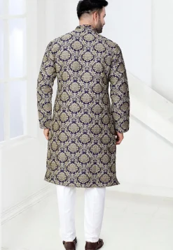 Woven Art Silk Jacquard Kurta Set in Navy Blue