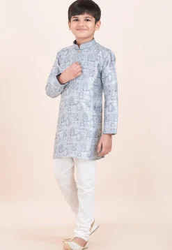 Woven Art Silk Jacquard Kurta Set in Light Grey