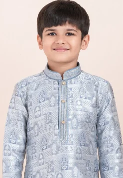 Woven Art Silk Jacquard Kurta Set in Light Grey