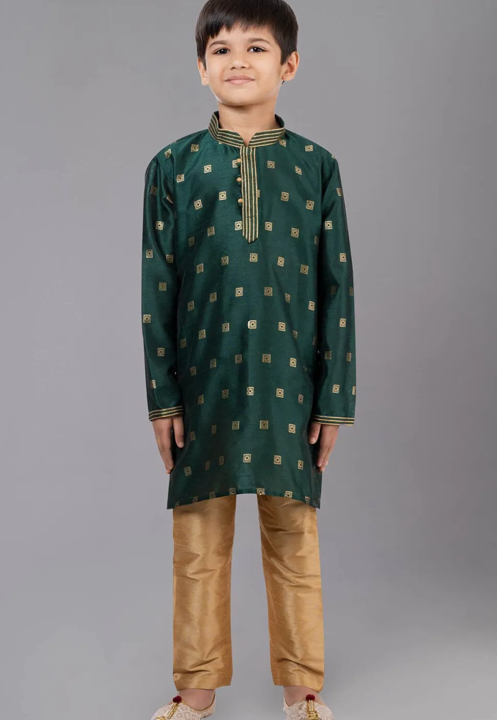 Woven Art Silk Jacquard Kurta Set in Dark Green