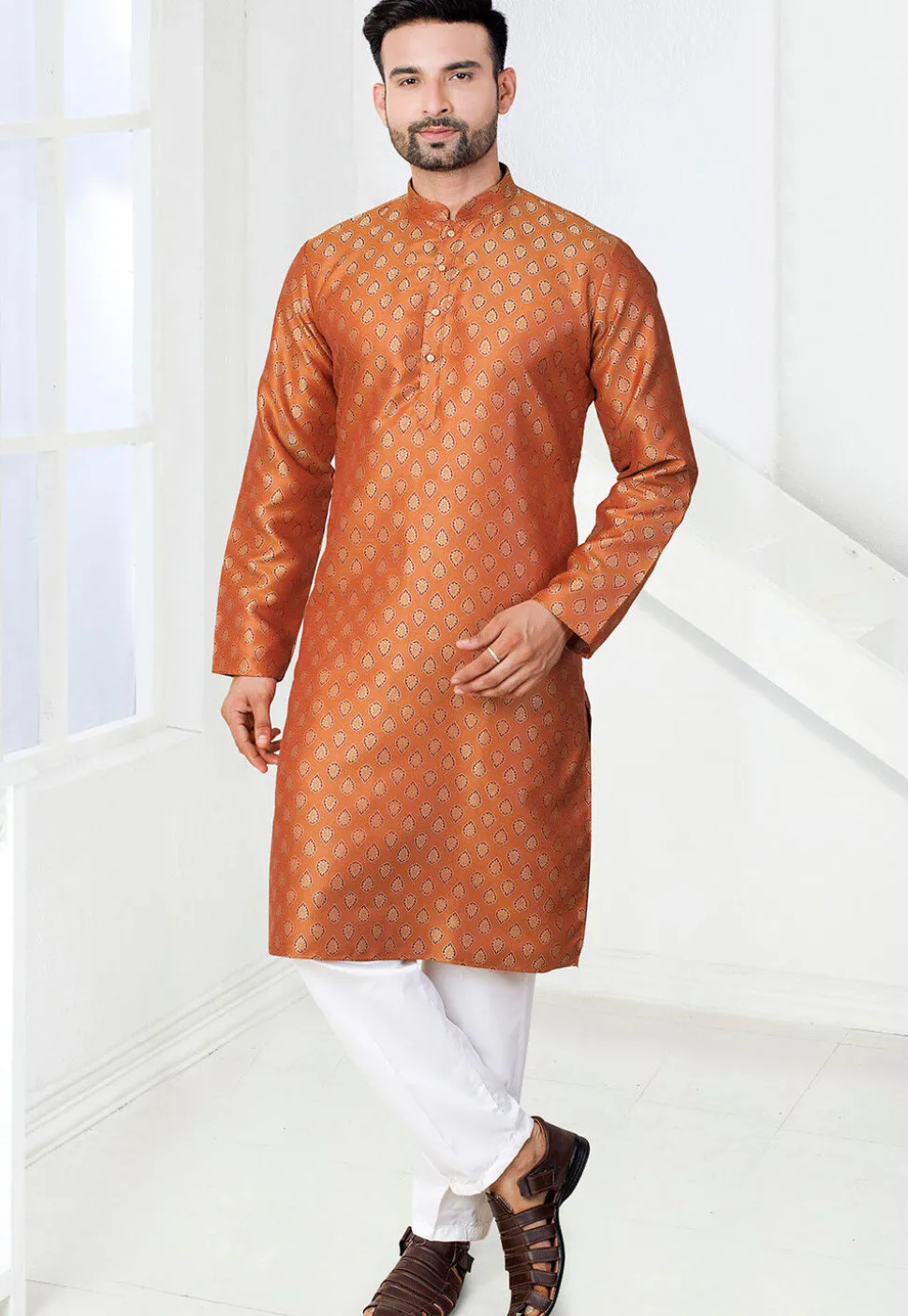 Woven Art Silk Jacquard Kurta Set in Orange