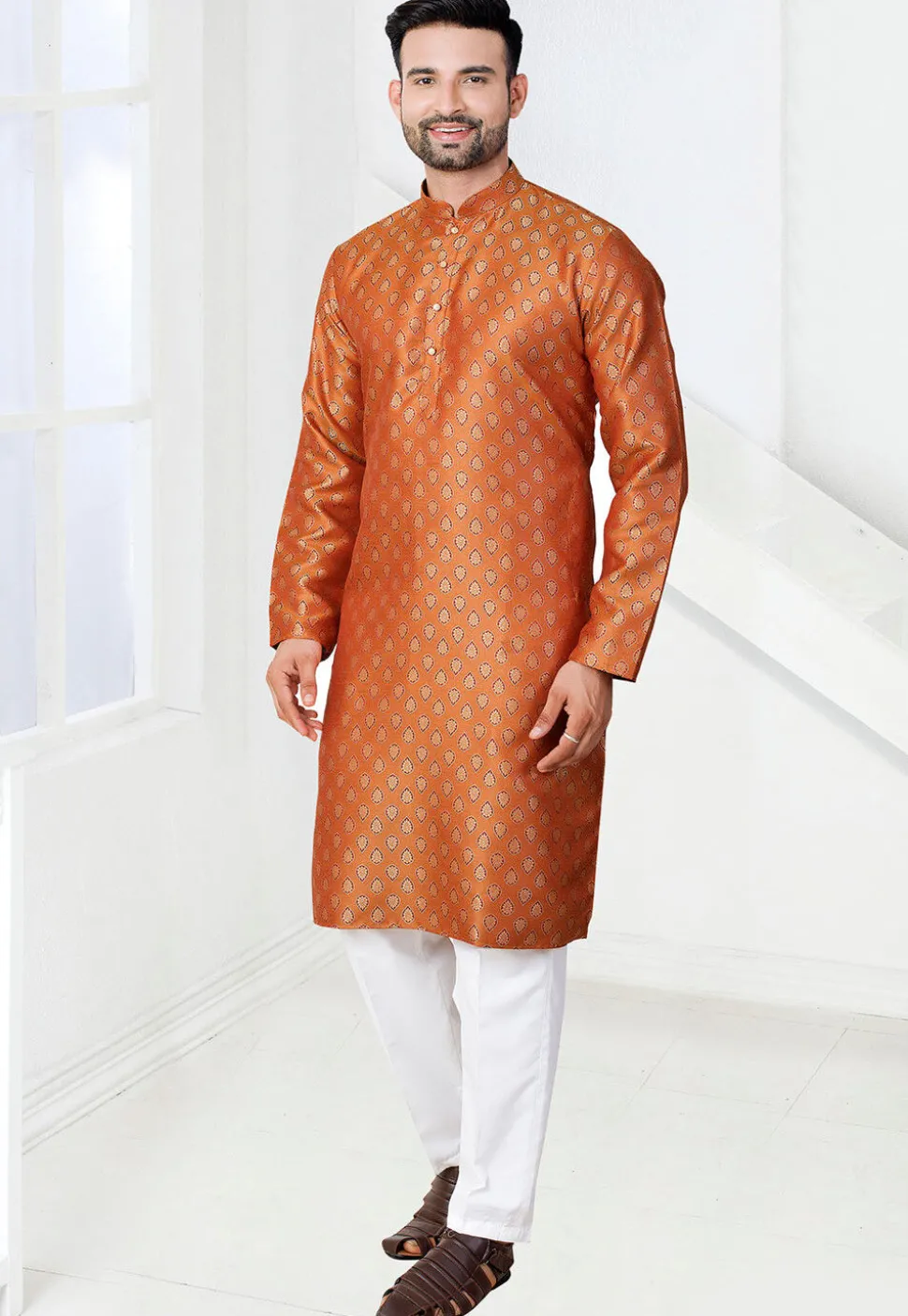 Woven Art Silk Jacquard Kurta Set in Orange