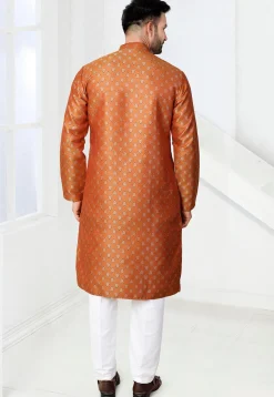 Woven Art Silk Jacquard Kurta Set in Orange
