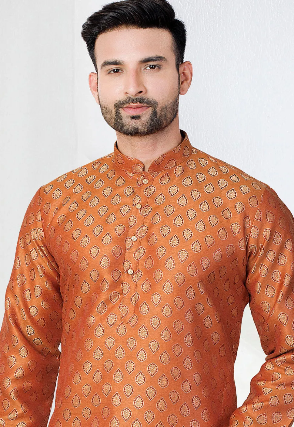 Woven Art Silk Jacquard Kurta Set in Orange