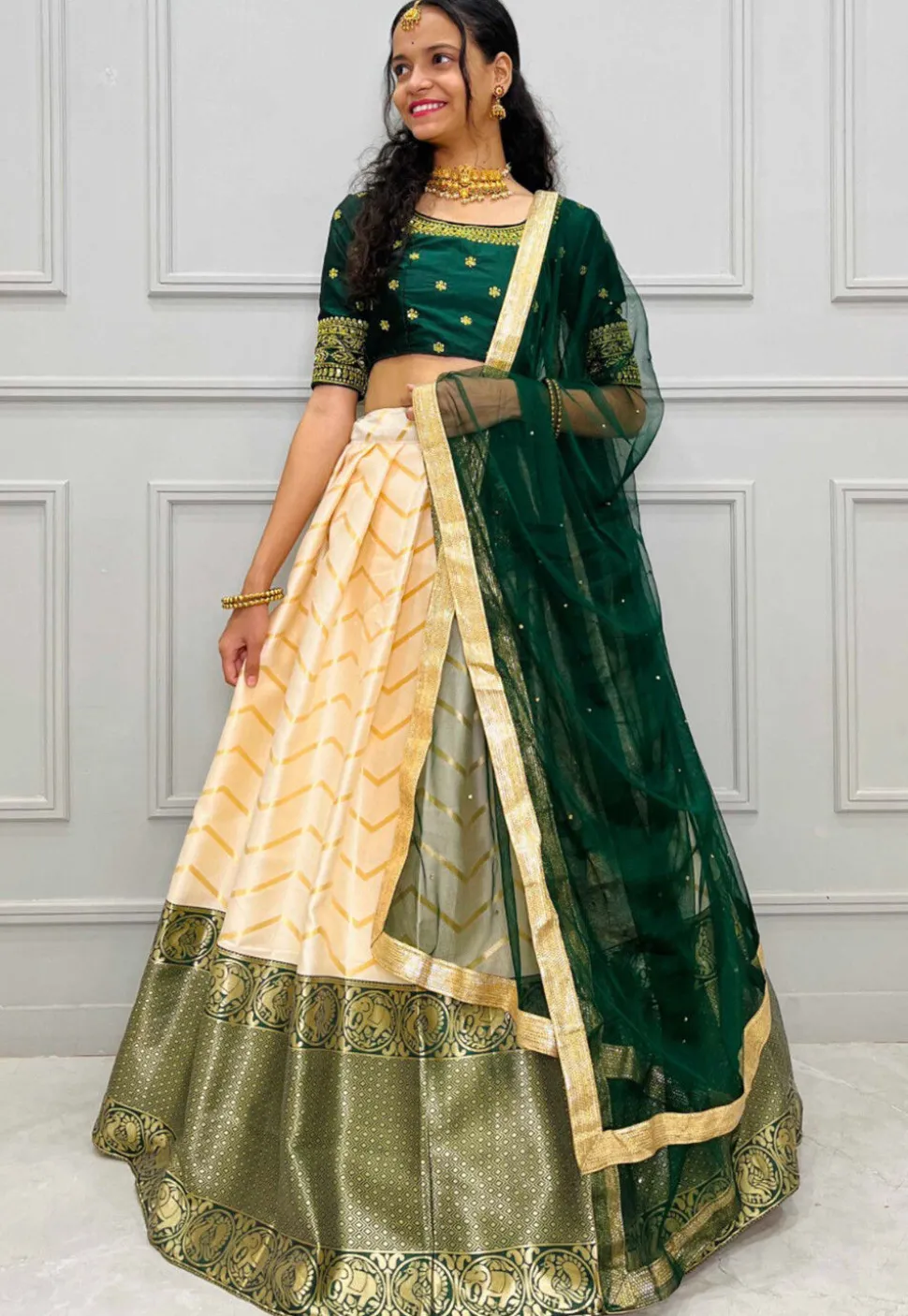 Woven Art Silk Jacquard Lehenga in Cream
