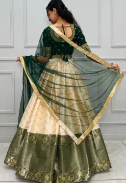 Woven Art Silk Jacquard Lehenga in Cream