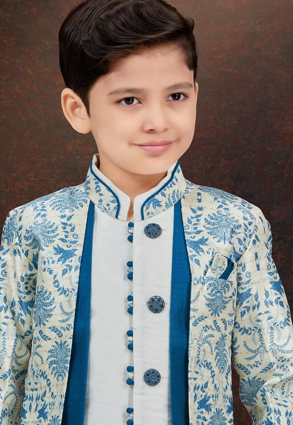 Woven Art Silk Jacquard Layered Sherwani in Off White and Blue