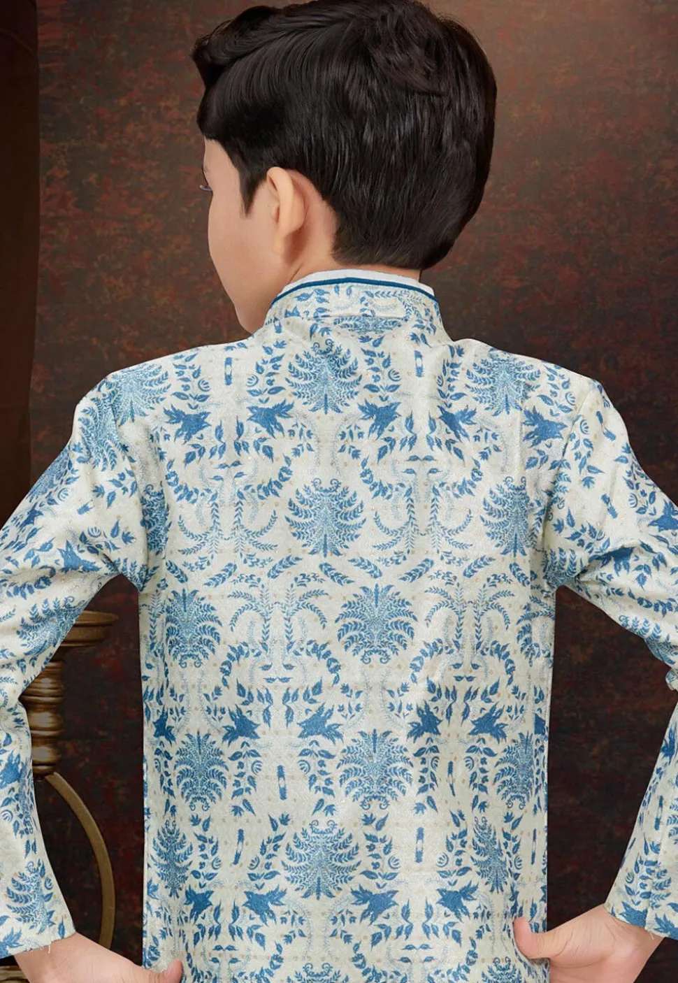 Woven Art Silk Jacquard Layered Sherwani in Off White and Blue