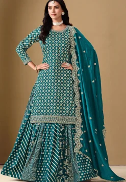Woven Art Silk Jacquard Lehenga in Teal Blue