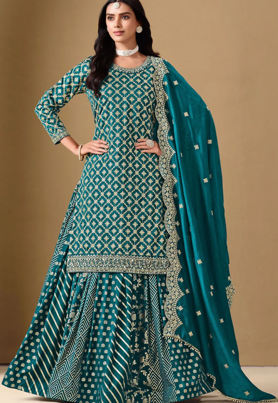 Woven Art Silk Jacquard Lehenga in Teal Blue