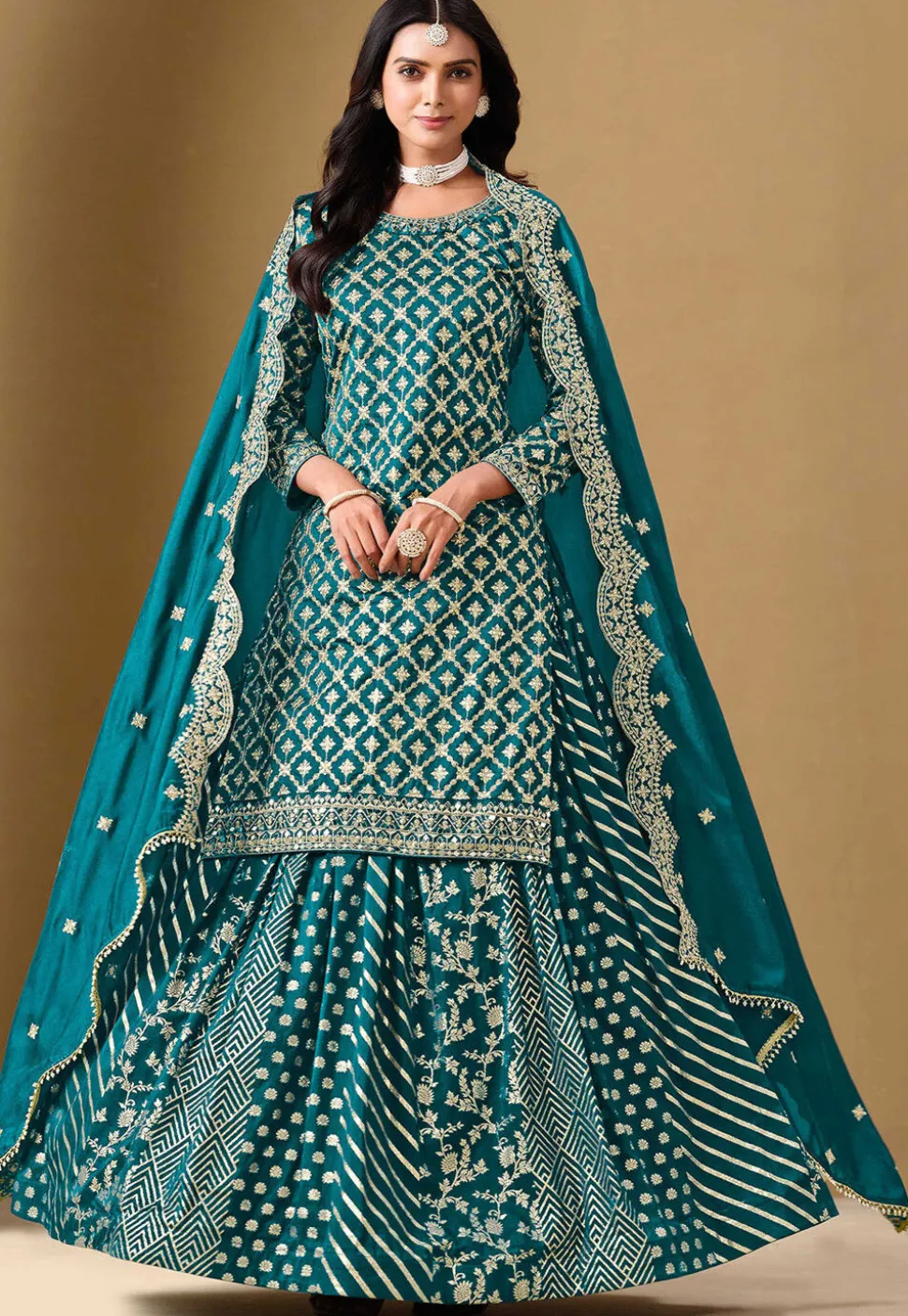 Woven Art Silk Jacquard Lehenga in Teal Blue