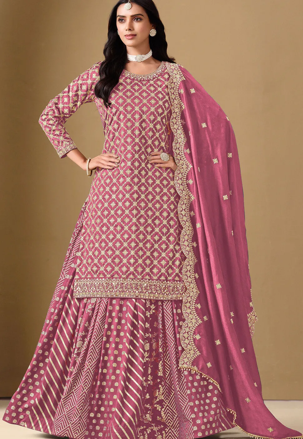 Woven Art Silk Jacquard Lehenga in Pink