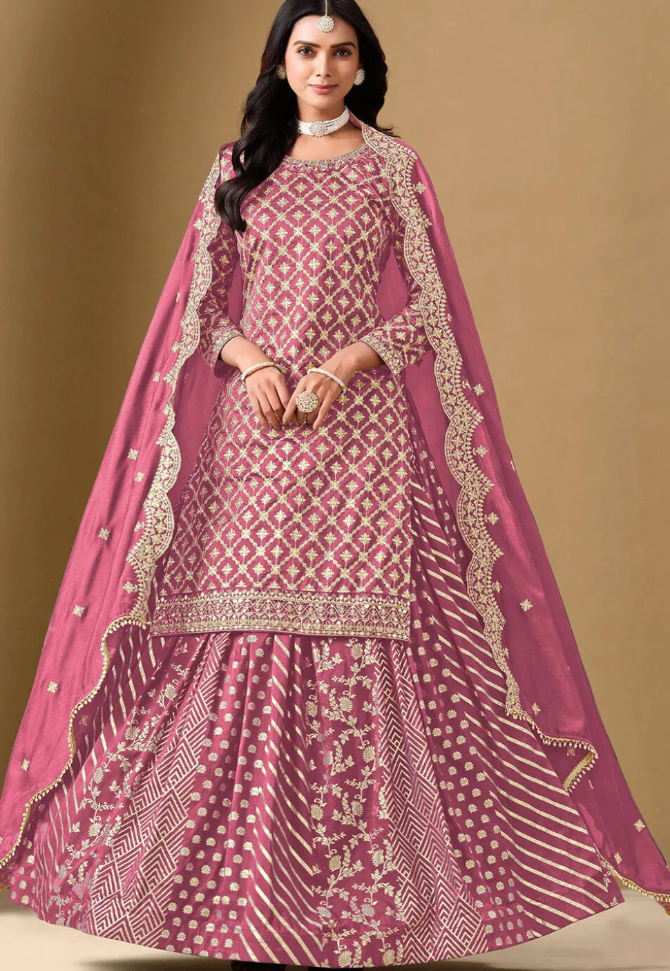 Woven Art Silk Jacquard Lehenga in Pink
