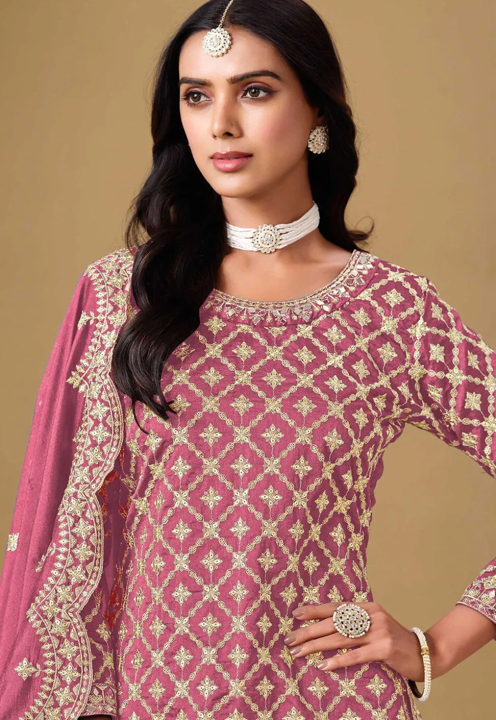 Woven Art Silk Jacquard Lehenga in Pink