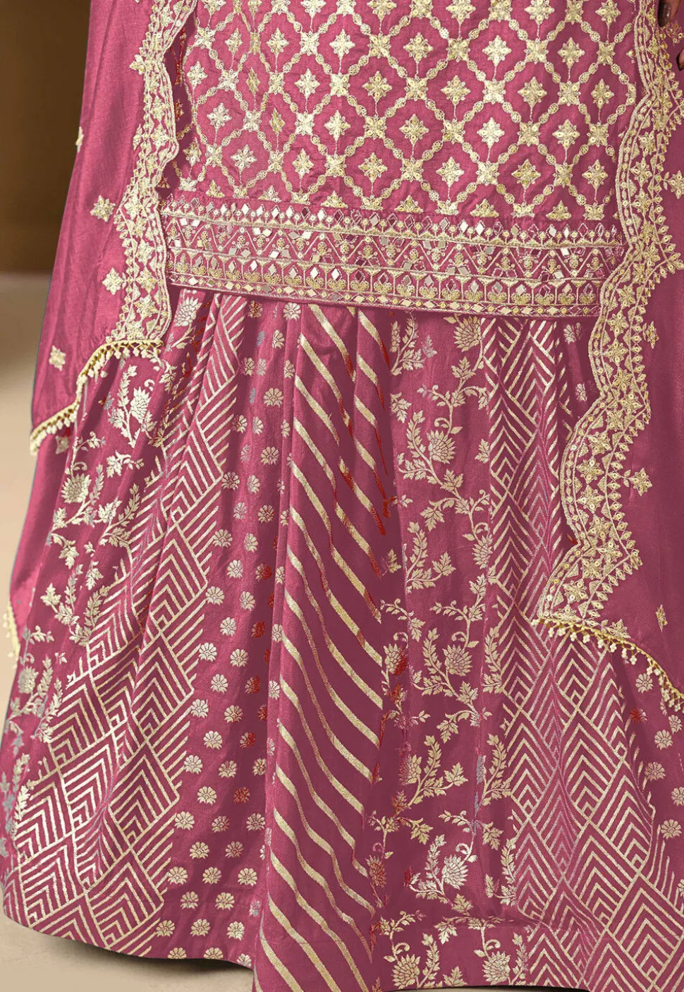 Woven Art Silk Jacquard Lehenga in Pink