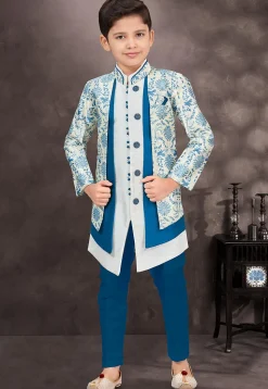 Woven Art Silk Jacquard Layered Sherwani in Off White and Blue