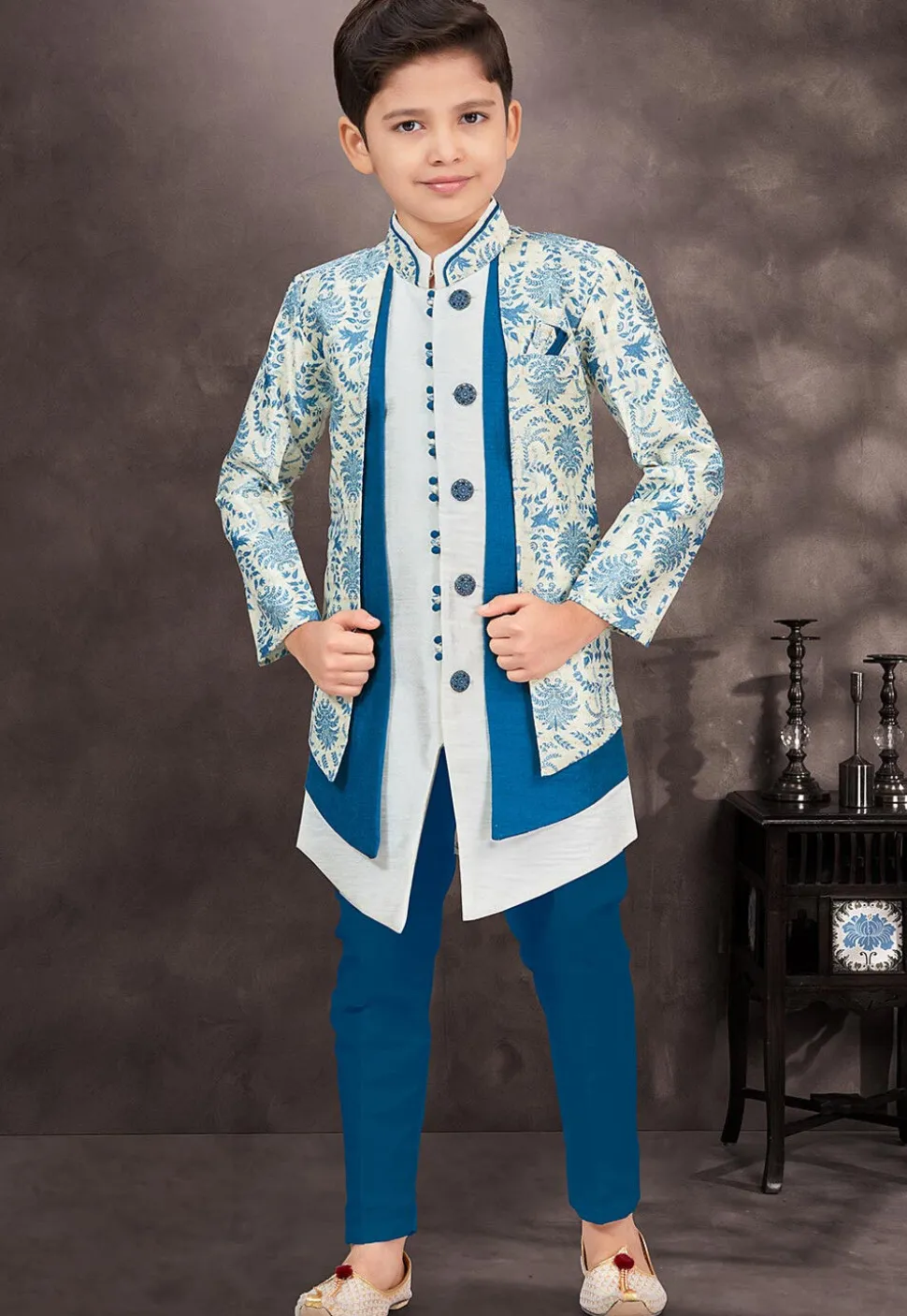 Woven Art Silk Jacquard Layered Sherwani in Off White and Blue