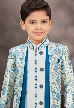 Woven Art Silk Jacquard Layered Sherwani in Off White and Blue