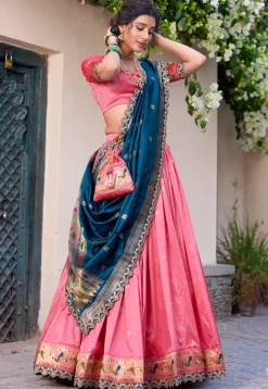 Woven Art Silk Jacquard Lehenga in Pink