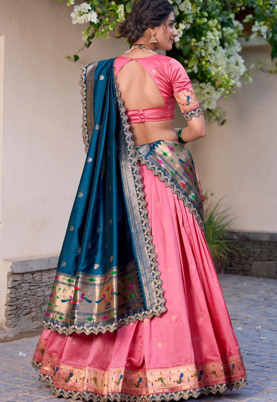 Woven Art Silk Jacquard Lehenga in Pink